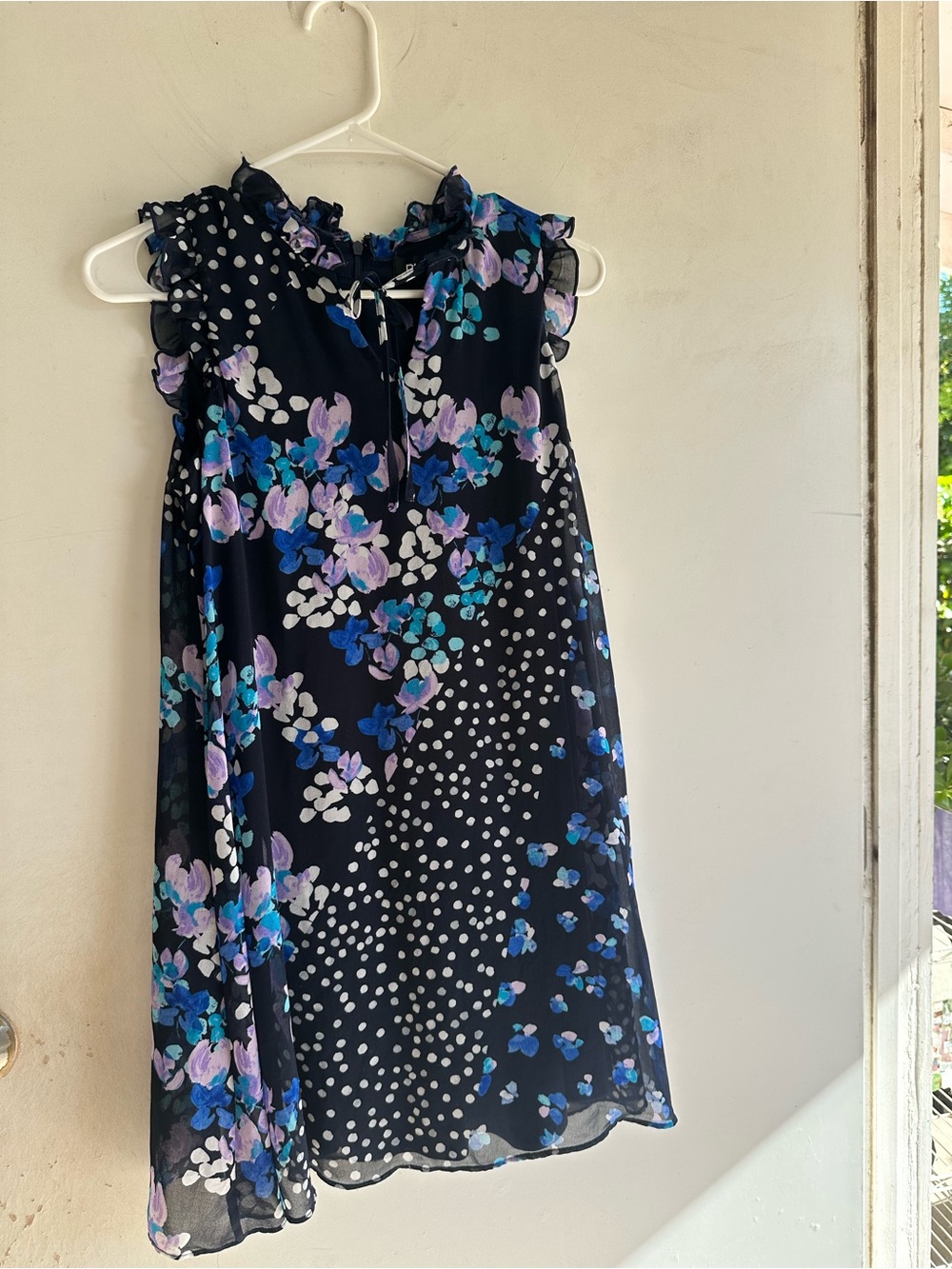 Dkny Navy Floral & Polka Dot Ruffle Neck Dress